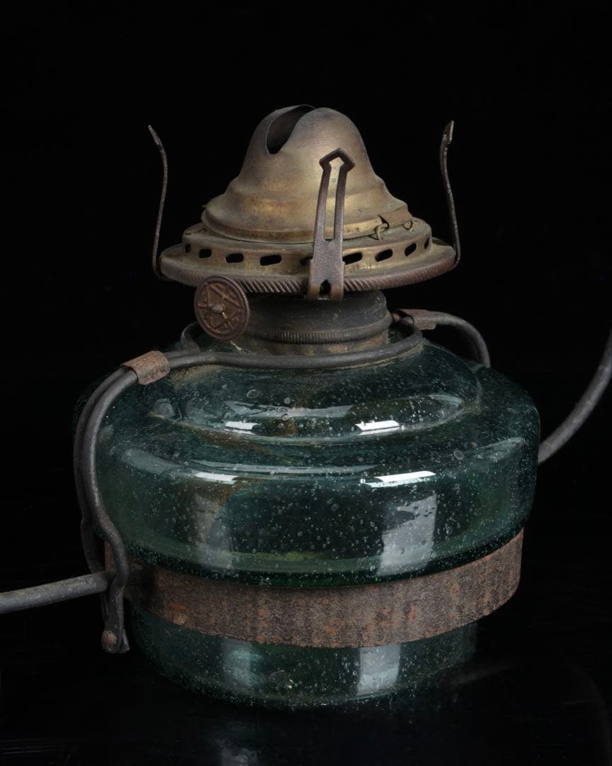 吊りオイルランプ 明治～大正期 水色縁乳白ガラス傘 大正ガラス 古美術 骨董品