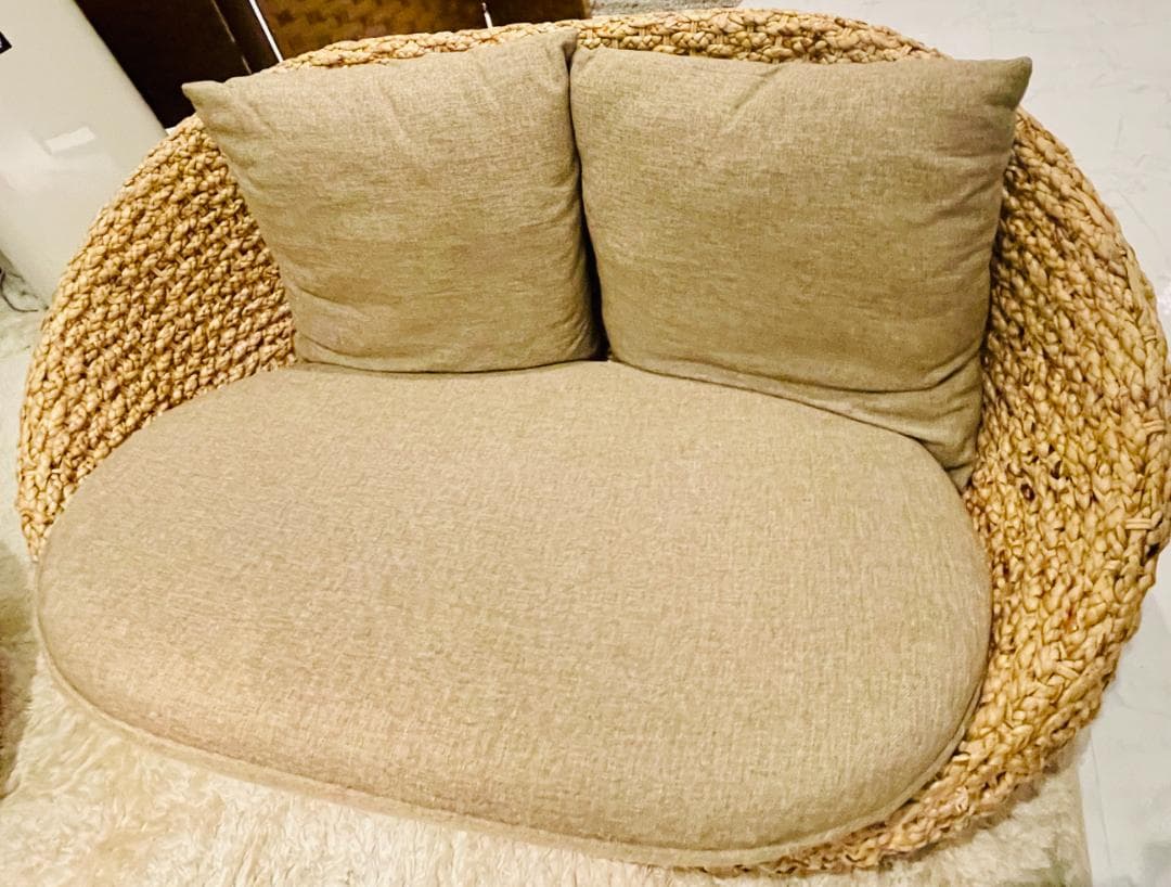 ラタン風ソファセット ベージュクッション付き　引取り限定