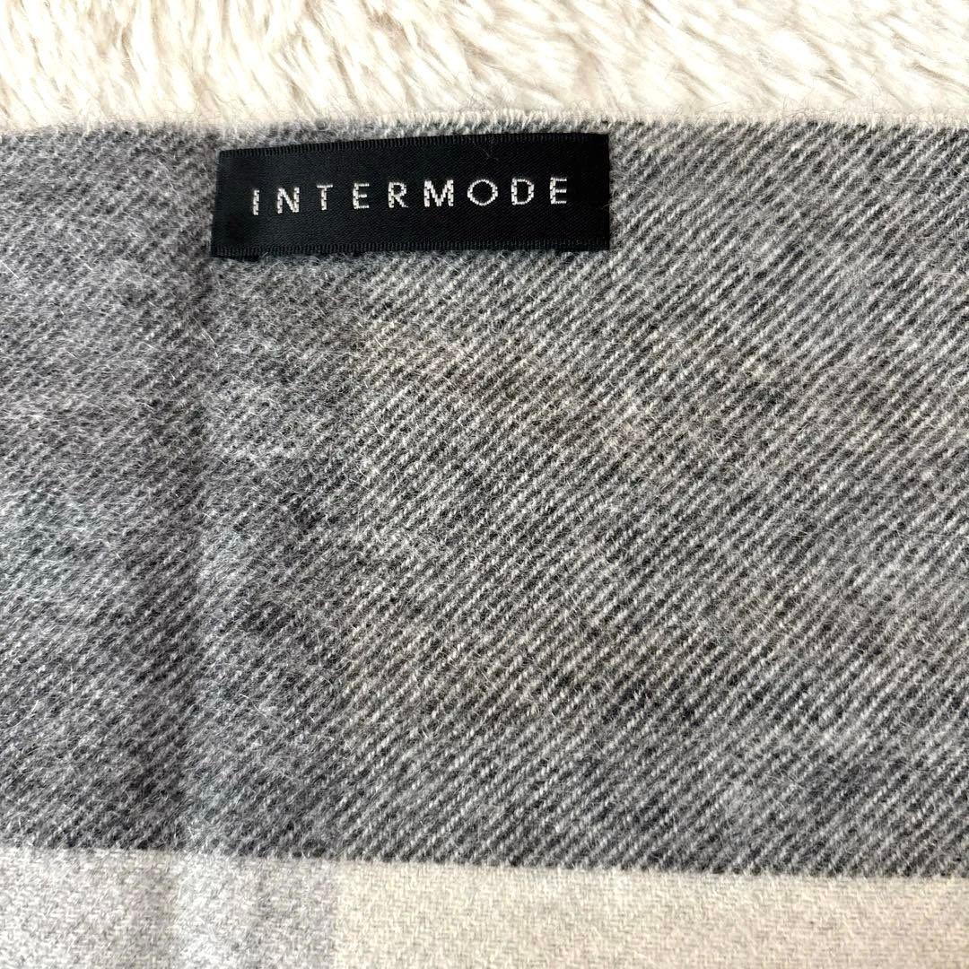 美品INTERMODE カシミアブロックチェック　ストール　グレーブラック