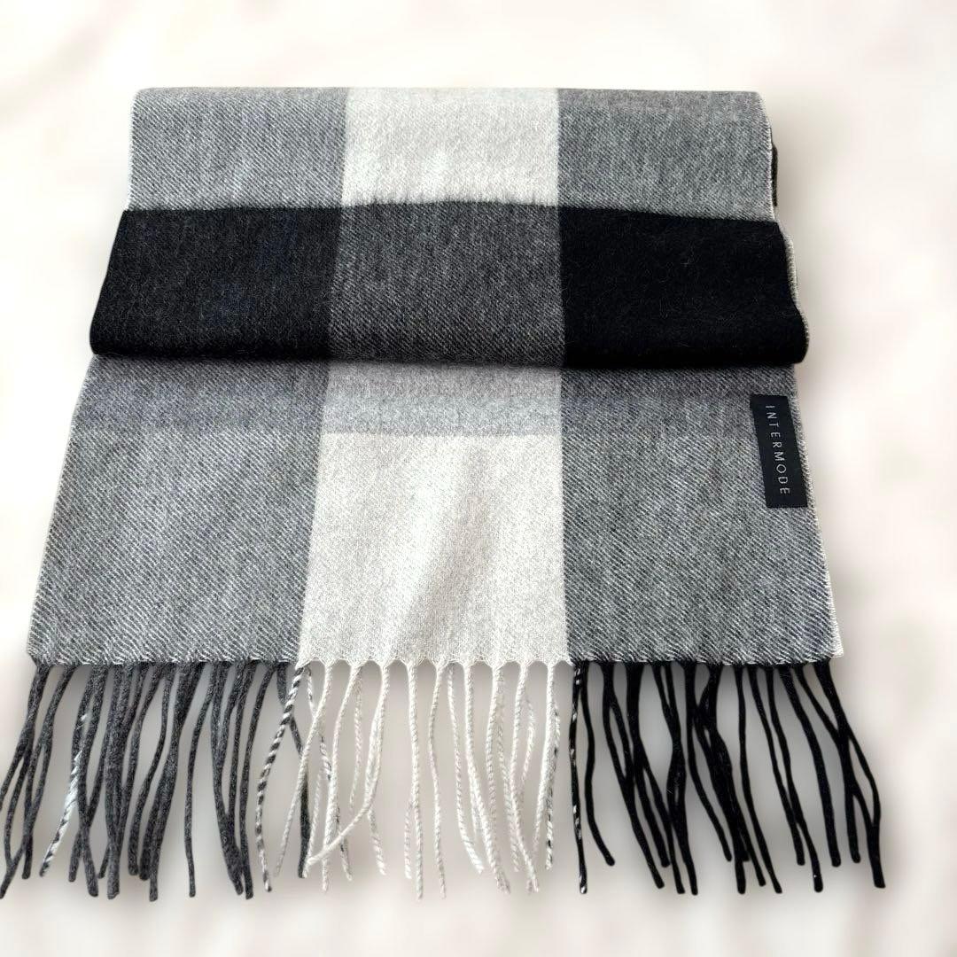 美品INTERMODE カシミアブロックチェック　ストール　グレーブラック