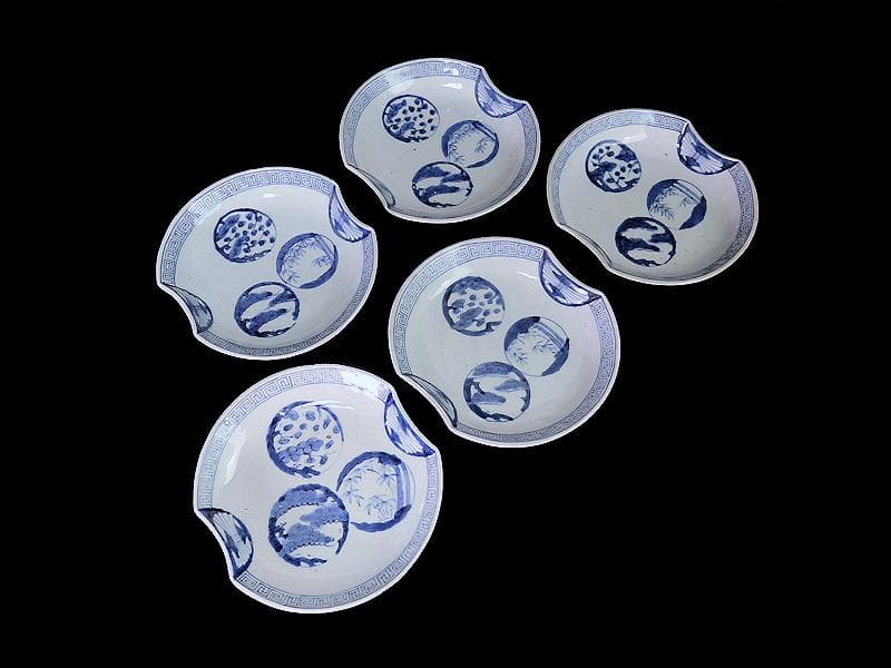 古伊万里　染付 丸紋に松竹梅の図　分銅型６寸皿　５枚　E674AS-CQl