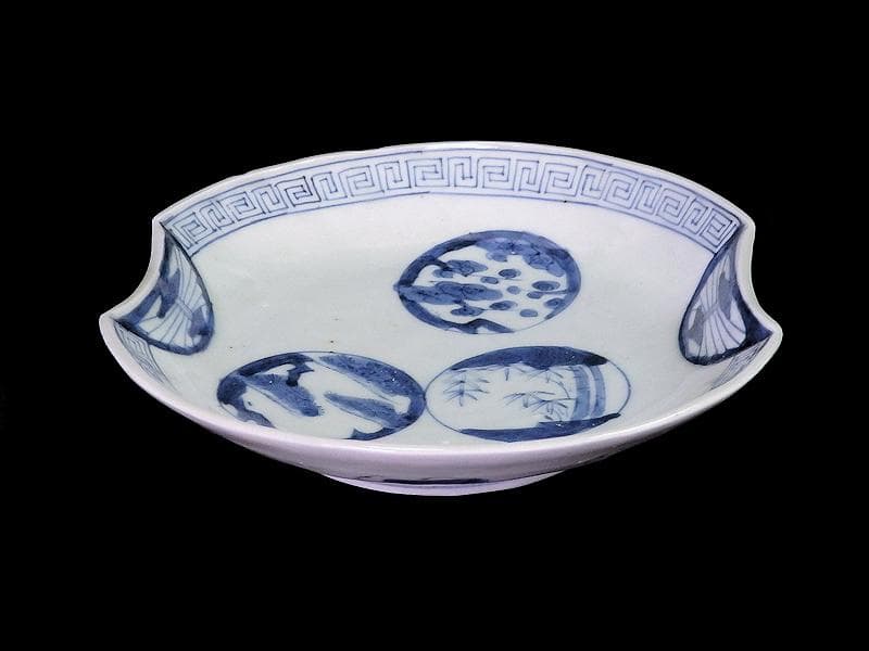 古伊万里　染付 丸紋に松竹梅の図　分銅型６寸皿　５枚　E674AS-CQl