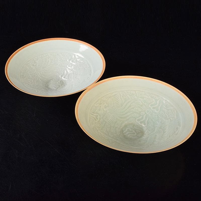 中国　影青　青白釉　陽刻　鳳凰雲龍文　鉢　2点　時代箱付　C　R7794