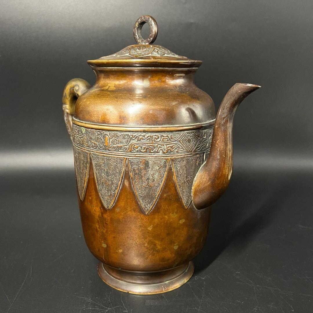 名越昌晴 作 銅製 雷文垂文龍形把手 水注◎意匠美しい茶道具◎古美術庵々