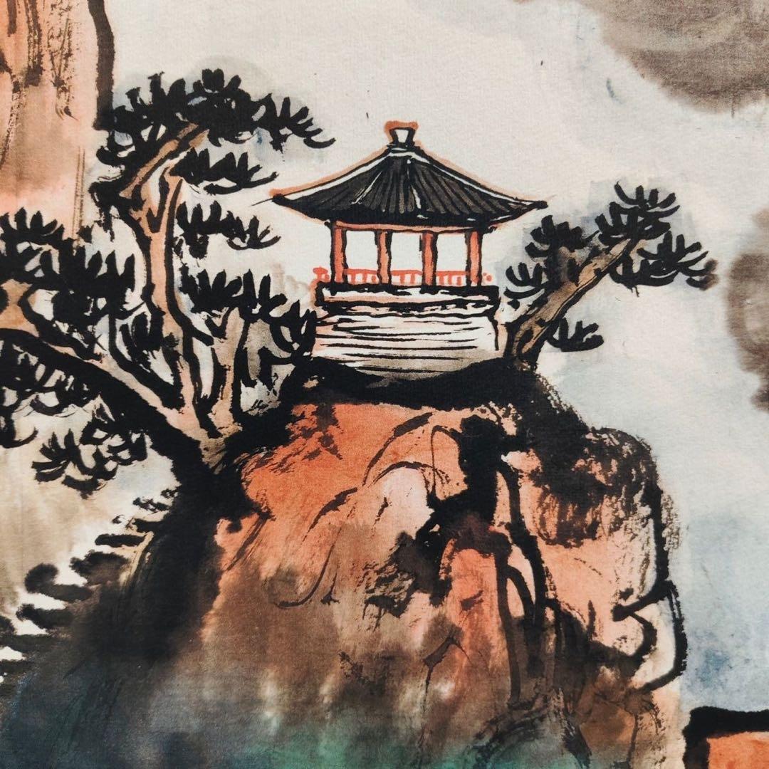 中国画 刘海粟 天下奇観 四尺中堂 掛け軸／防偽仕様