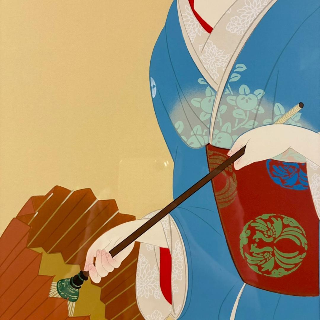 美品 上村松園「しぐれ」シルクスクリーン 京美術院版 証明シール有 額縁入り