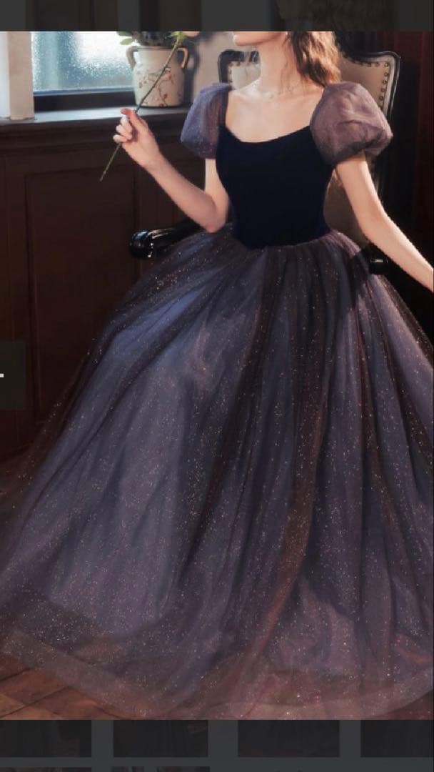 パープル ボリュームスリーブ ロングドレス