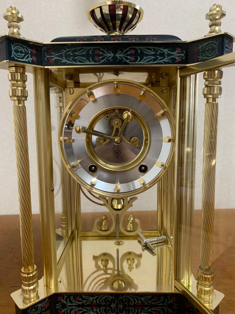 置時計 Nマーク 四面ガラス ゼンマイ式 振り子置時計 金属 日本美術時計