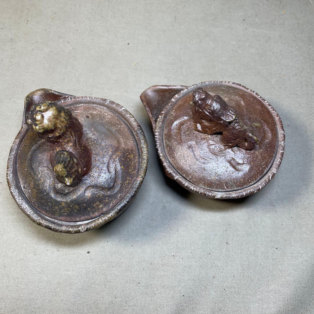 備前焼　備前手造り龍宝瓶　獅子宝瓶 在銘 ２点セット 煎茶器 急須 煎