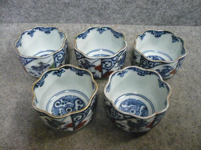 伊万里焼染付唐草に花図向付 5個 [B31558]