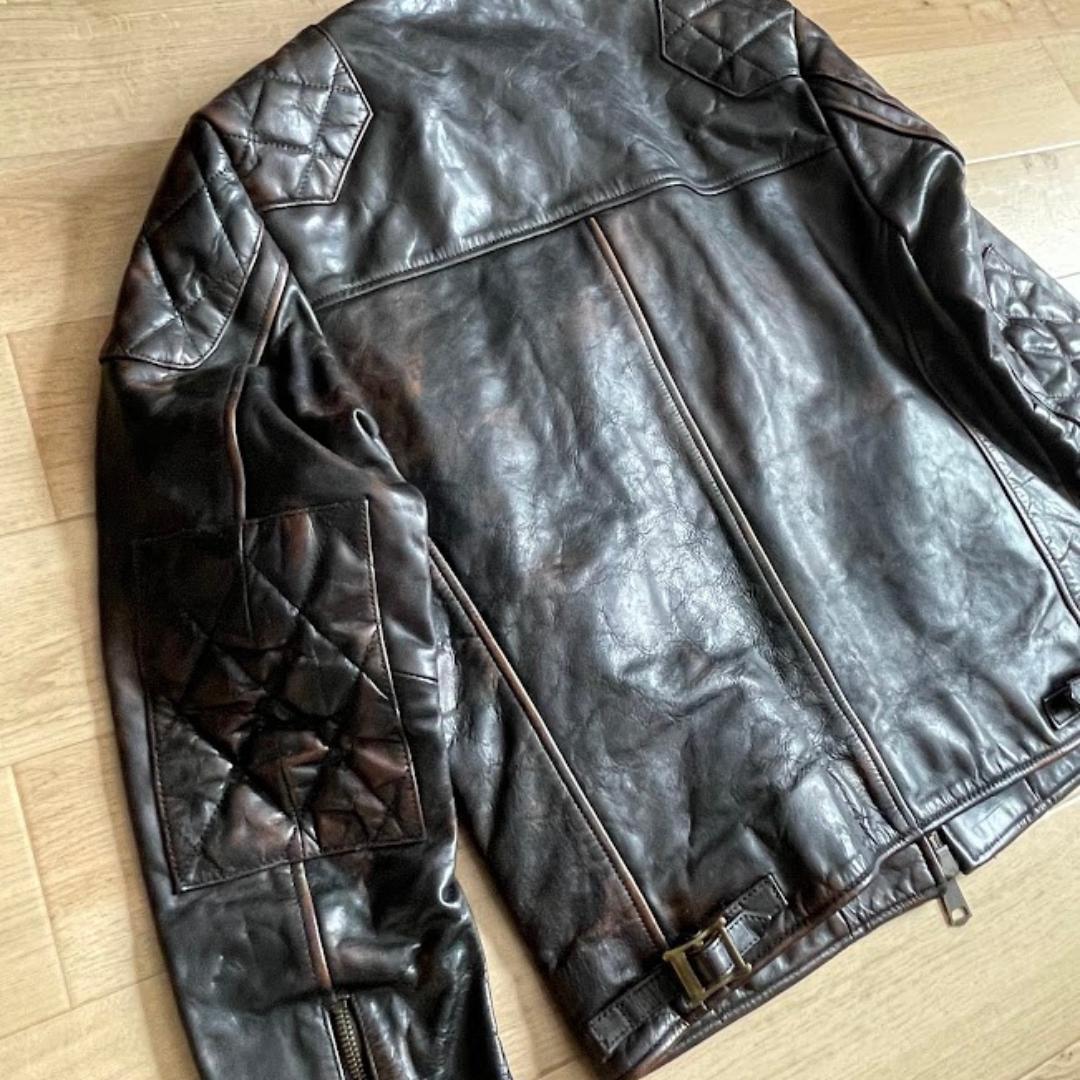 シングルライダース 牛革 本革 レザージャケット 黒 茶 Lサイズ 中国製 古着