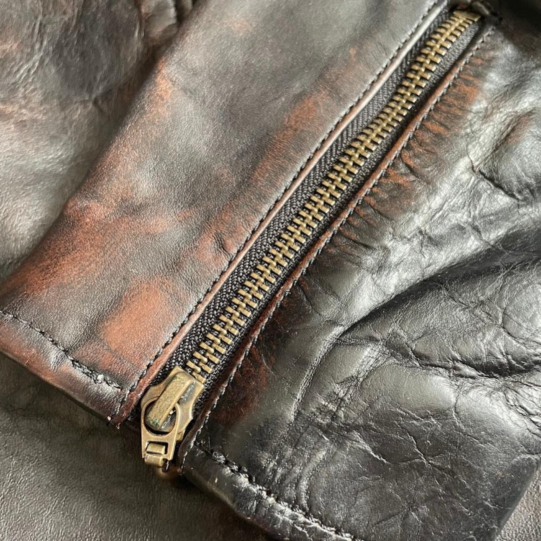 シングルライダース 牛革 本革 レザージャケット 黒 茶 Lサイズ 中国製 古着