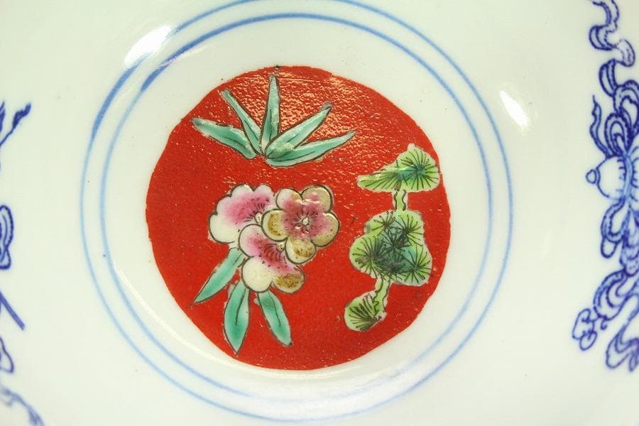 中国美術 珊瑚釉 花蝶紋 瑠璃 遊台 φ15cm 乾隆年製(LC256)