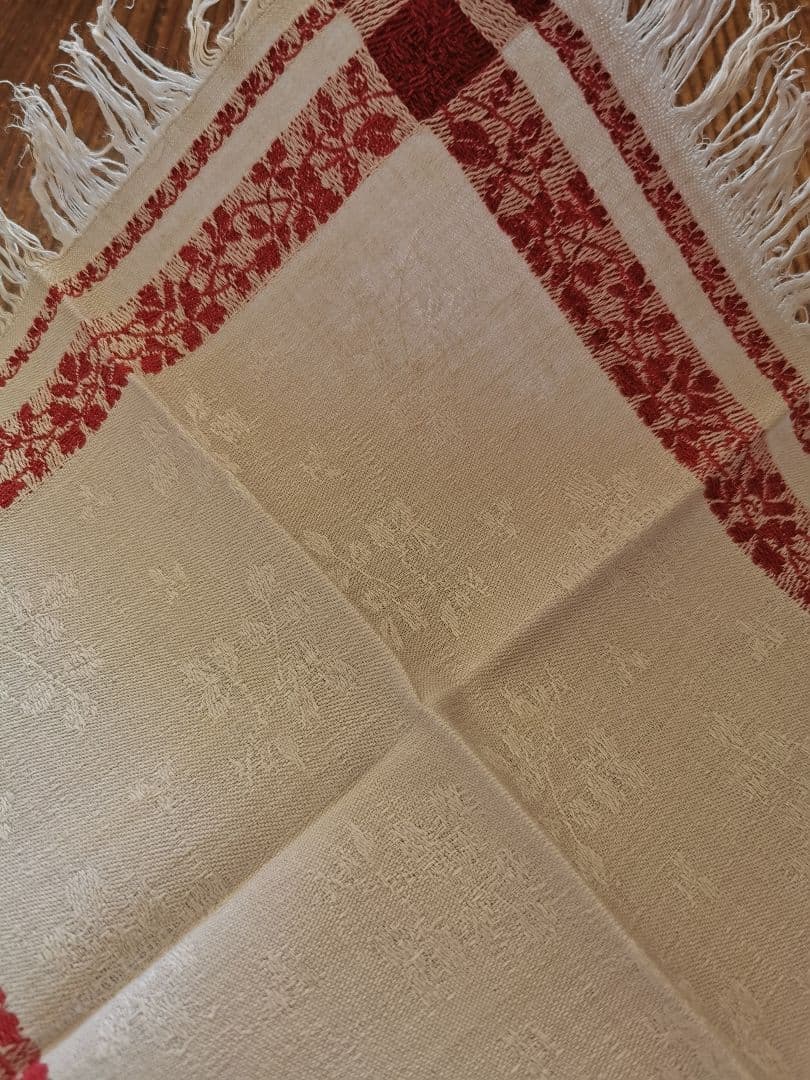 アンティーク フランス ダマスク織レッドリネンクロス 三つ葉のリーフモチーフ