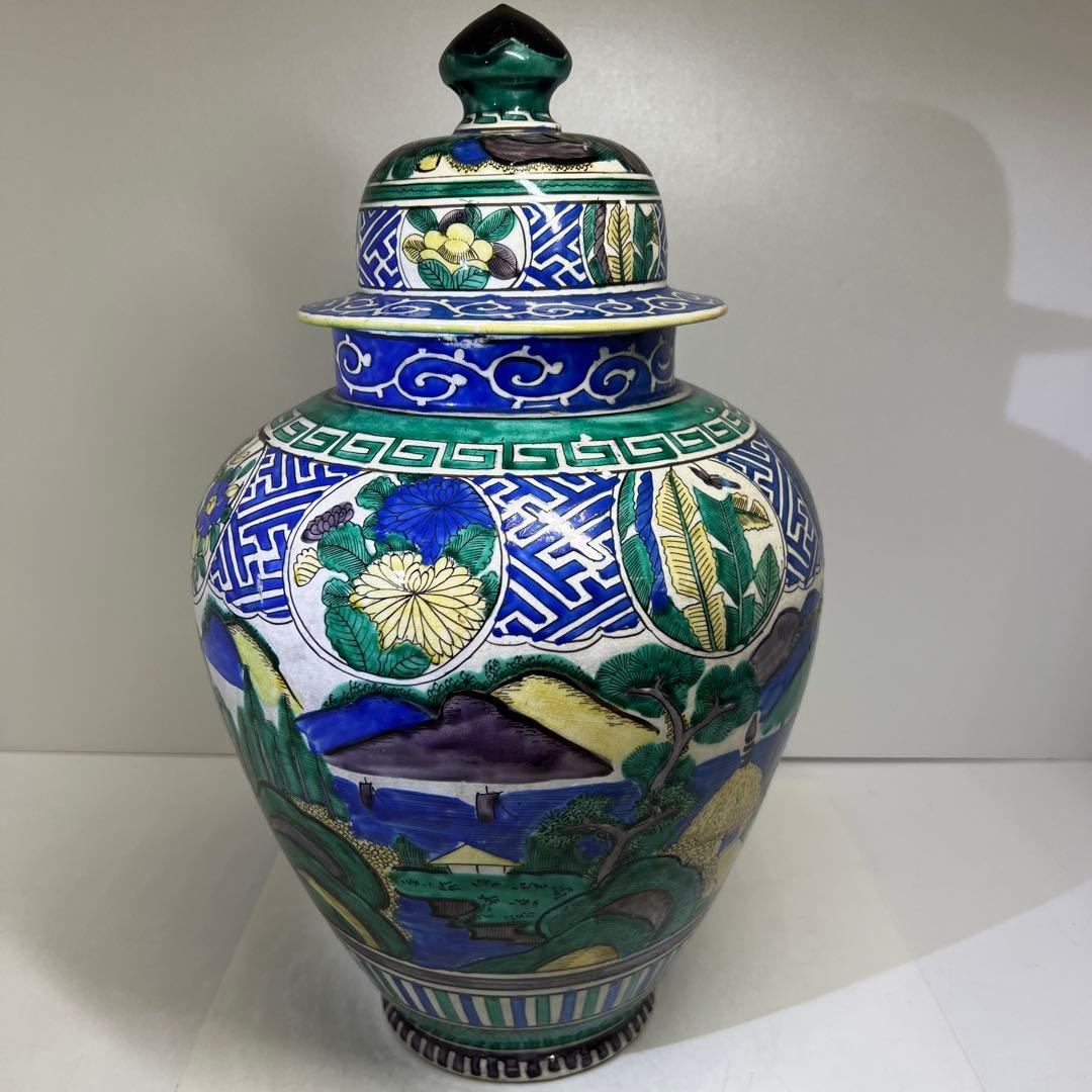 江戸後期　青九谷　特大沈香壷　木箱付　高さ約45㎝　東Y7-1209☆2Fタルサ