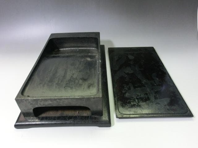 硯■説築博巌 大すずり 大振り 古い硯石 書道道具 木蓋 木箱入り 骨董品■