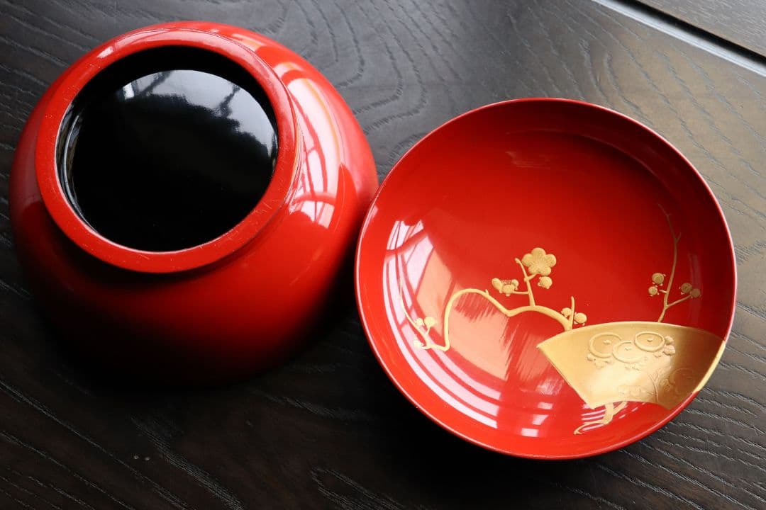 CK87 輪島塗 扇面四君子 金蒔絵 朱塗椀 三客 木製漆器 / 茶懐石 菓子椀