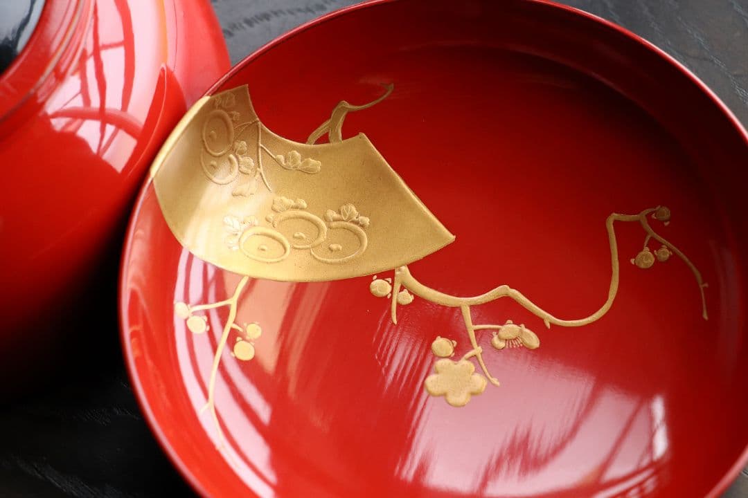 CK87 輪島塗 扇面四君子 金蒔絵 朱塗椀 三客 木製漆器 / 茶懐石 菓子椀