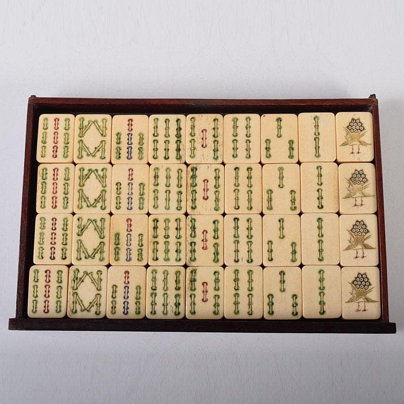 中国　竹嵌　骨牌　背竹牌　麻雀牌　唐木箱付　D　7900