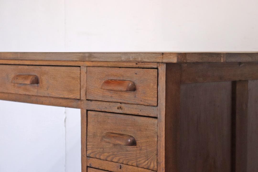 レトロ 片袖デスク 机 書斎 作業台 引き出し 抽斗 5杯 木製 古道具