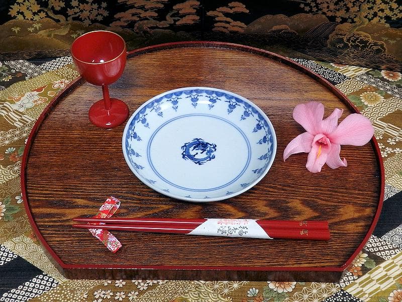 古伊万里　染付　型刷り印判　団龍紋に瓔珞紋の図　４寸半皿　D648AS-CBd