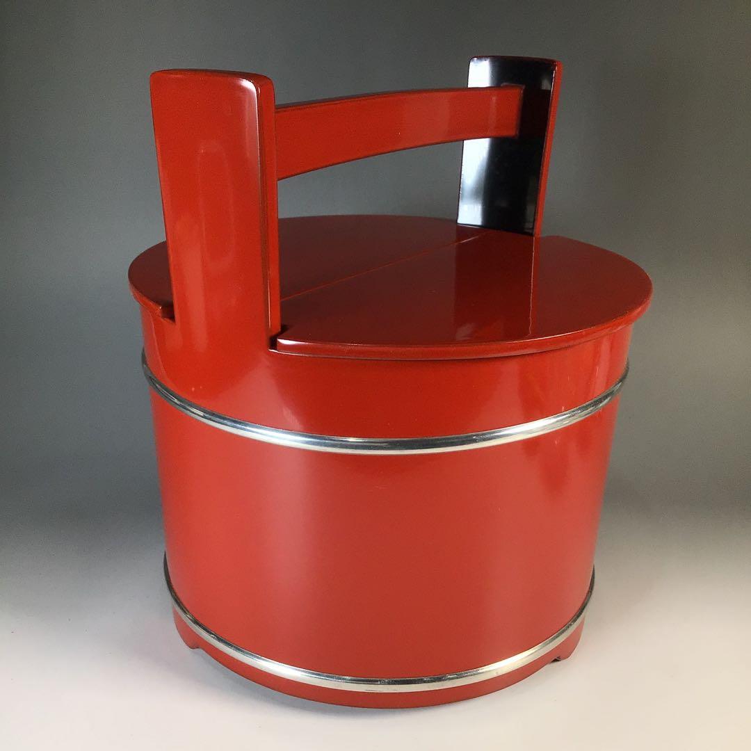 Ｍ７４８　水指　『塗師　岡本陽斎作』『朱塗』『手桶水指』　共箱　茶道具