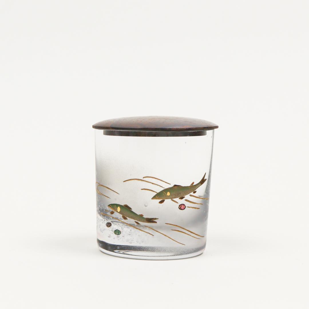 蓑輪一星 黒柿蓋 鮎蒔絵 硝子茶器 茶入れ 抹茶 共箱