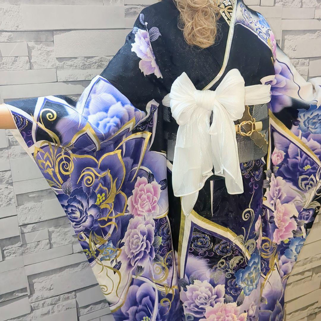 振袖セット 振袖フルセット 正絹振袖 駒刺繍 薔薇 銀通し 金銀系 黒紫青 66