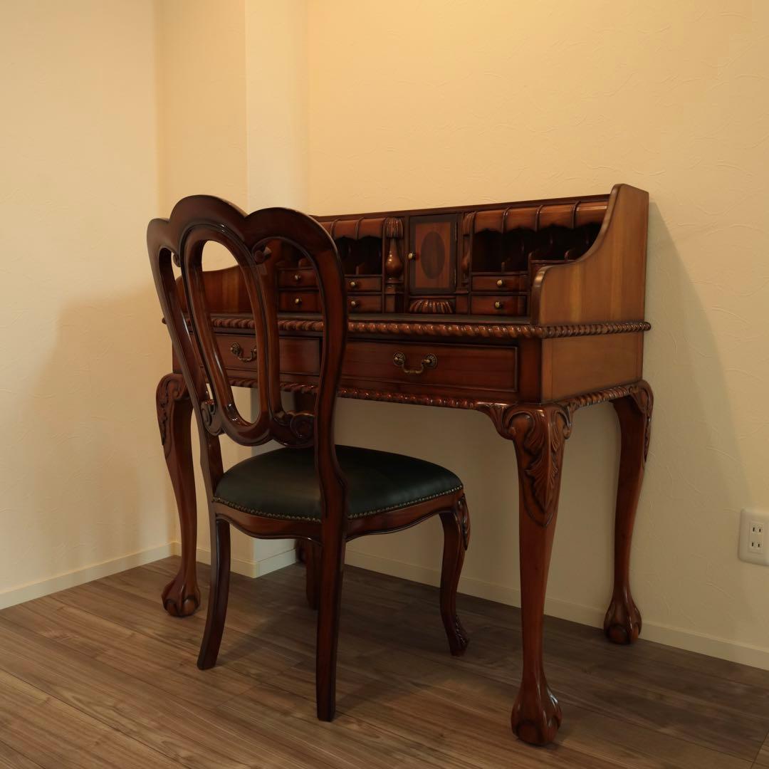 高級マホガニー家具 チッペンデール アンティークデスク 猫脚 書斎机 送料無料
