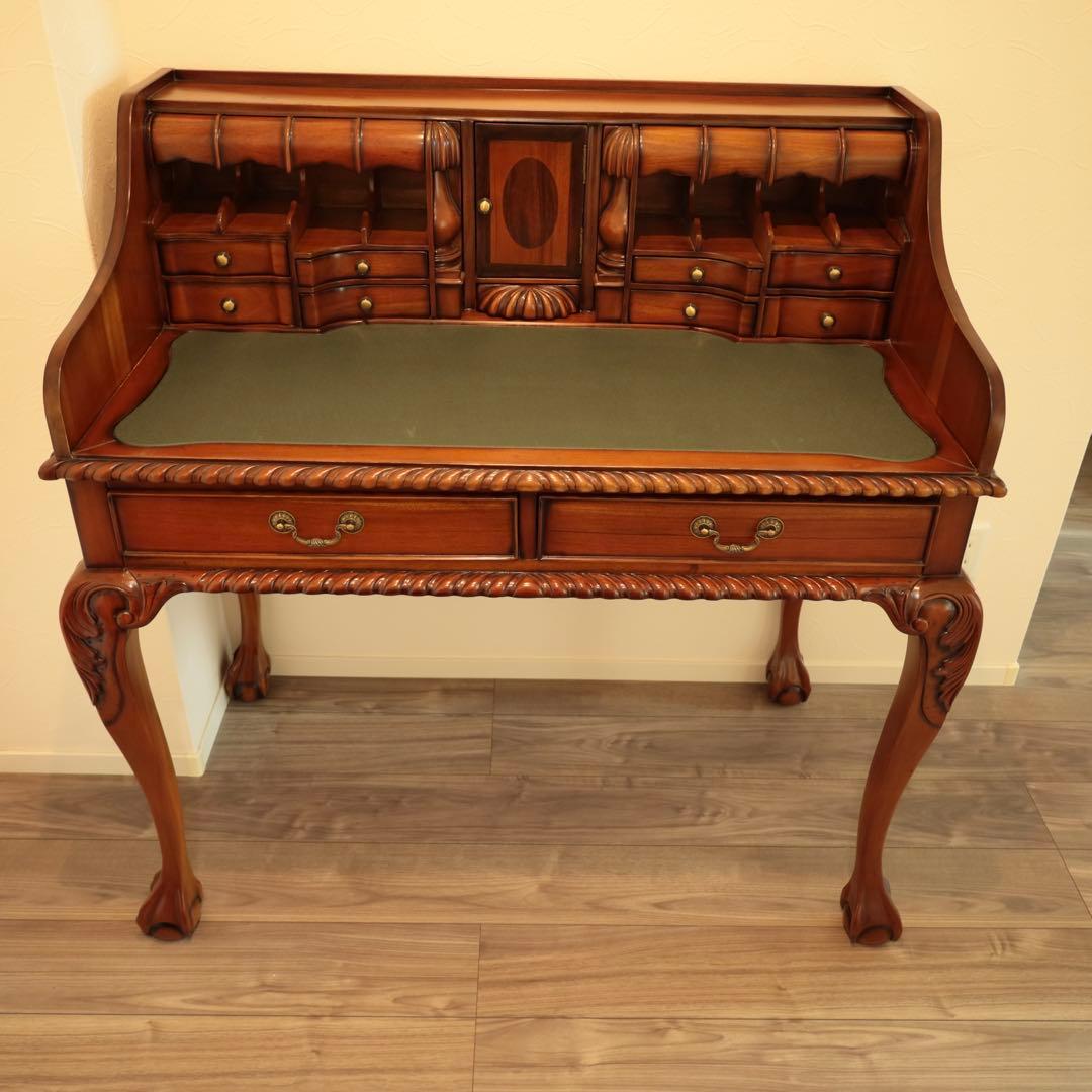 高級マホガニー家具 チッペンデール アンティークデスク 猫脚 書斎机 送料無料