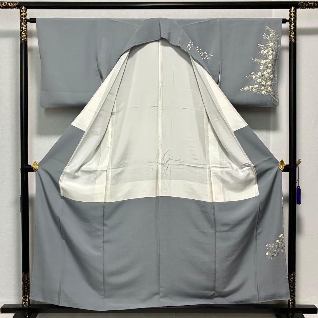 D81 訪問着 桜 手描き グレー ちりめん 縫い紋 正絹 着物 袷 極美品