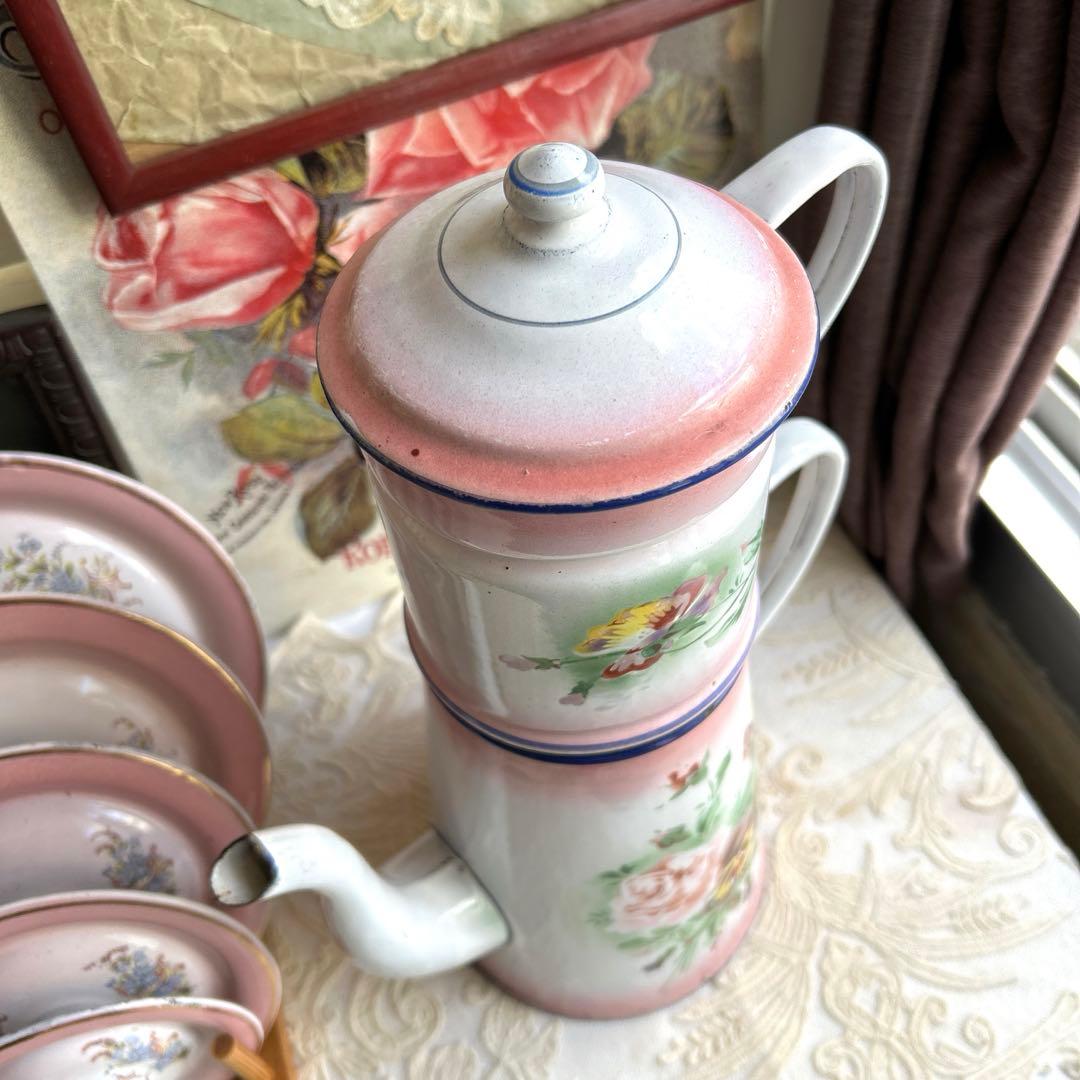 フランスアンティーク　Pink japy ホーローポット