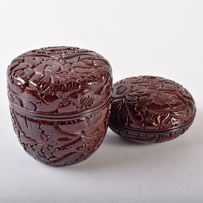 無形文化財　三野原晃一作　村上堆朱　牡丹文　棗　香合　共箱　2点　M　R8069