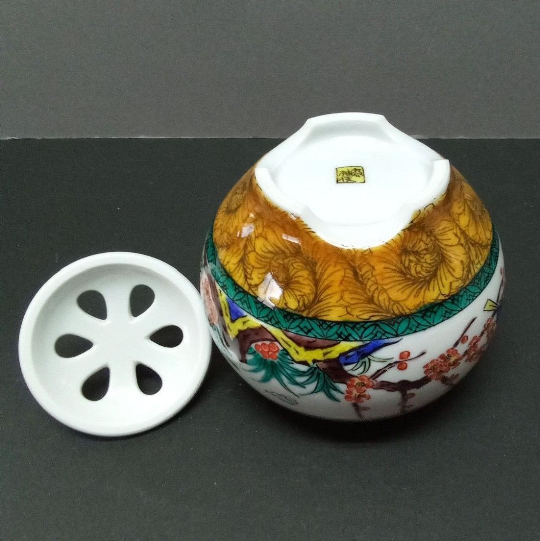 九谷焼 香炉 古九谷風花鳥 田中柚伎作 未使用