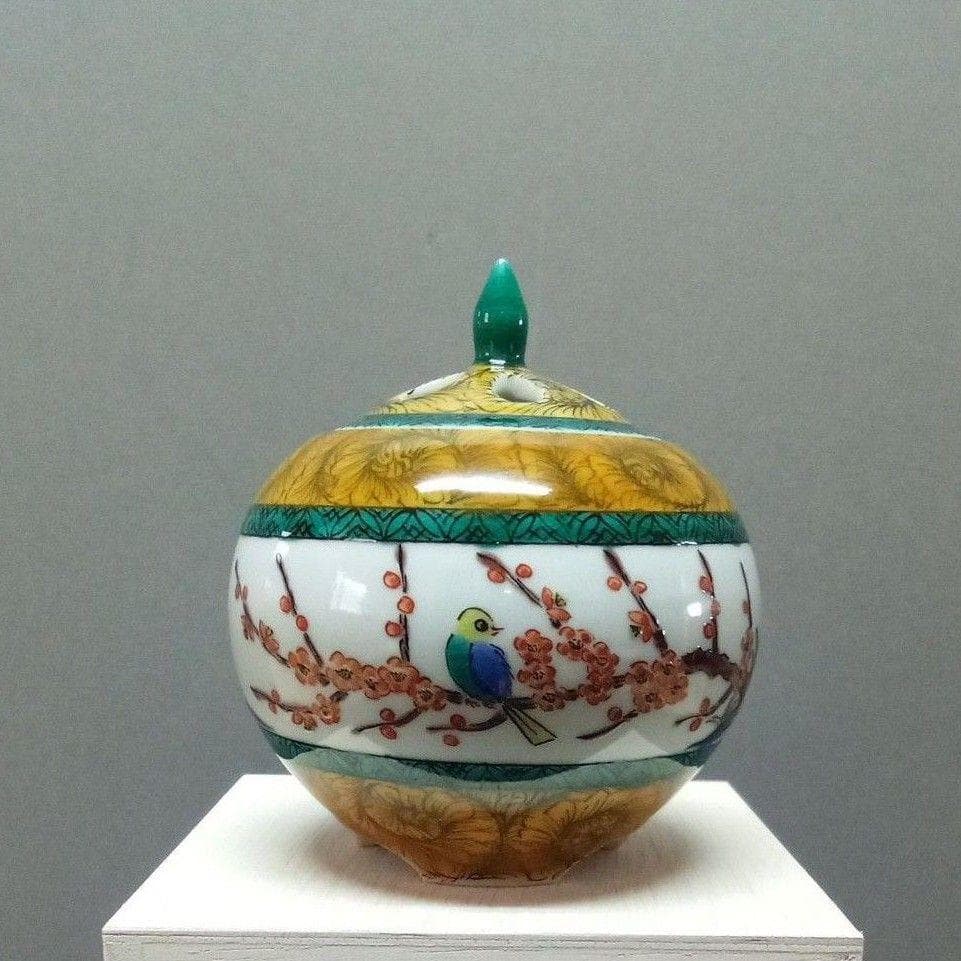 九谷焼 香炉 古九谷風花鳥 田中柚伎作 未使用