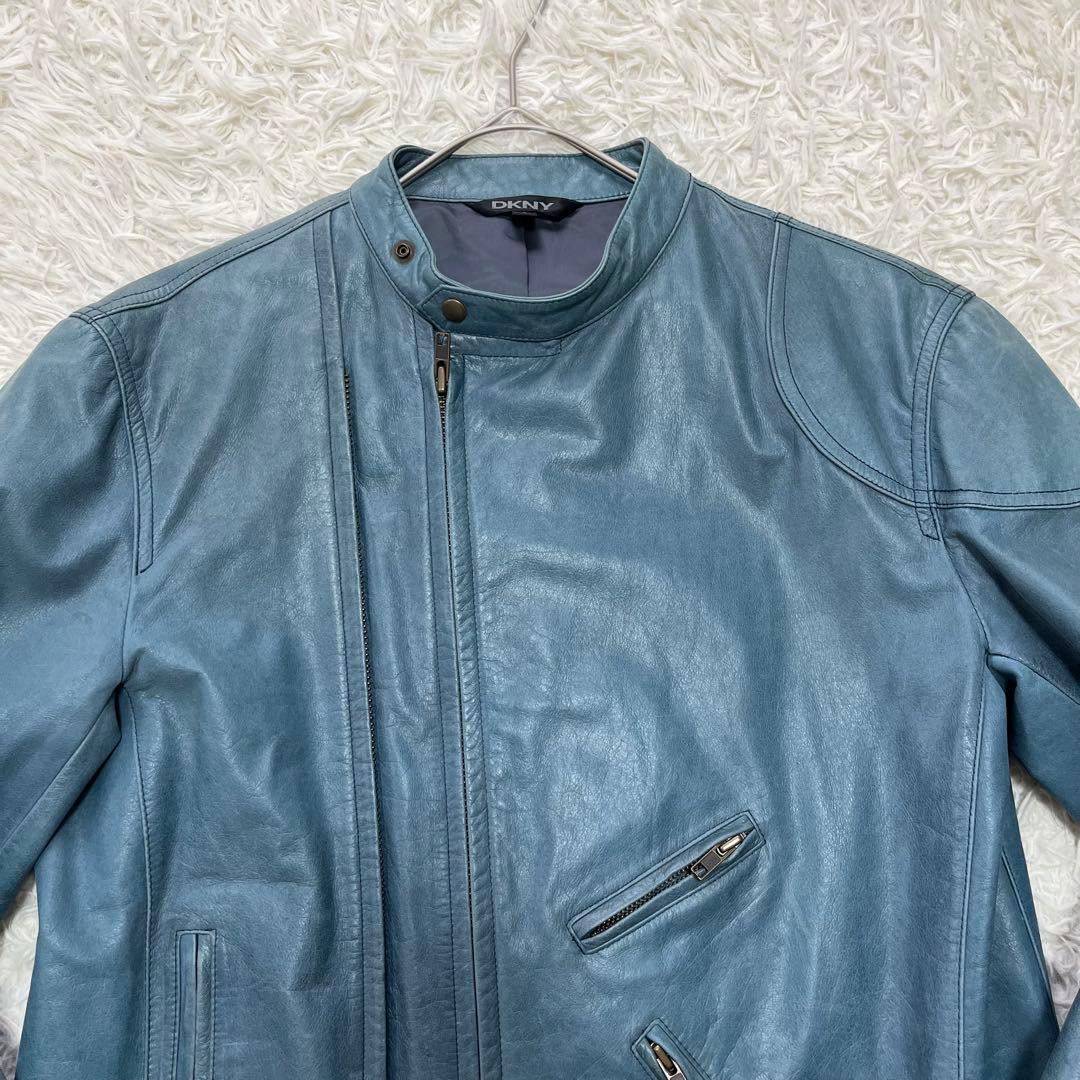 希少カラー✨DKNY 牛革レザージャケット　ライダース　シングル　ライトブルーL