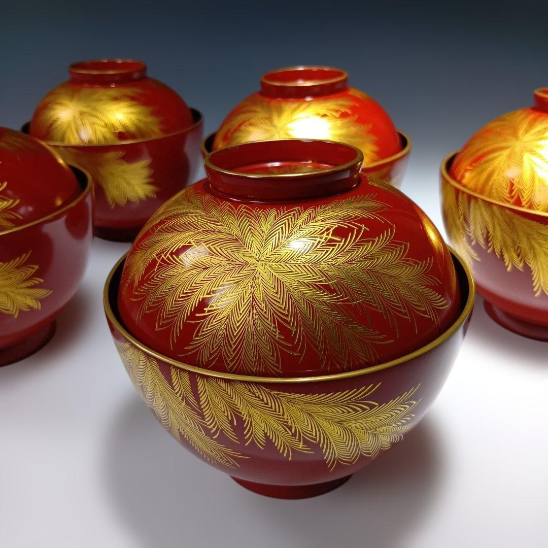 輪島塗　蒔絵沈金塗　吸物椀五客　共箱　 美品