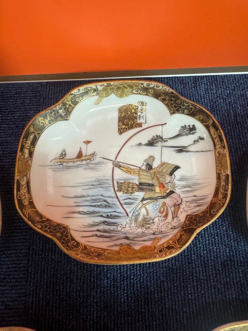 1819  明治時代　九谷焼　細密絵付人物山水図　菱形皿　5客　時代物