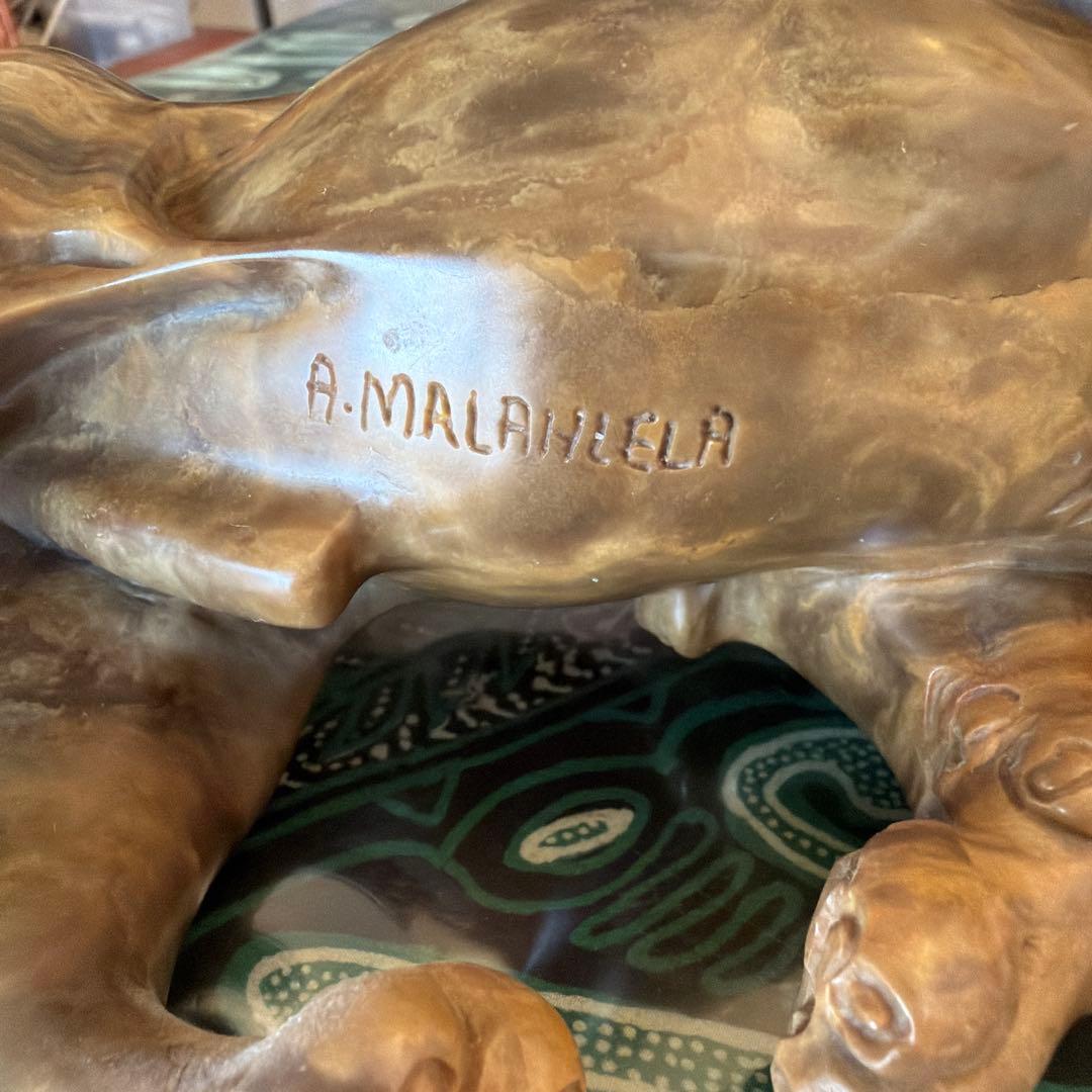 南アフリカ A.MALANLELA作 石彫ライオン像 蛇紋石 骨董 アンティーク