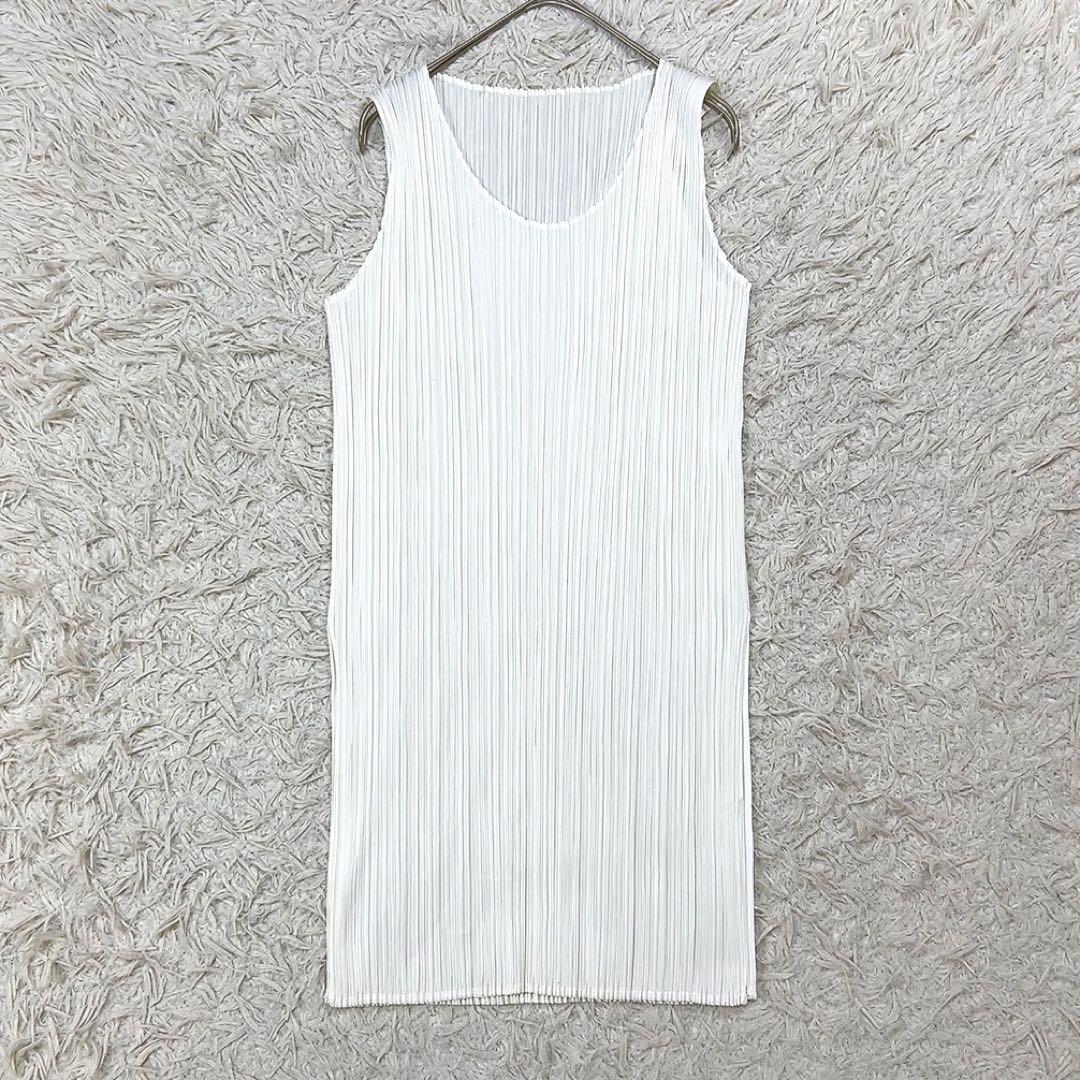 プリーツプリーズ ロング タンクトップ チュニック ワンピース 3 ホワイト 白