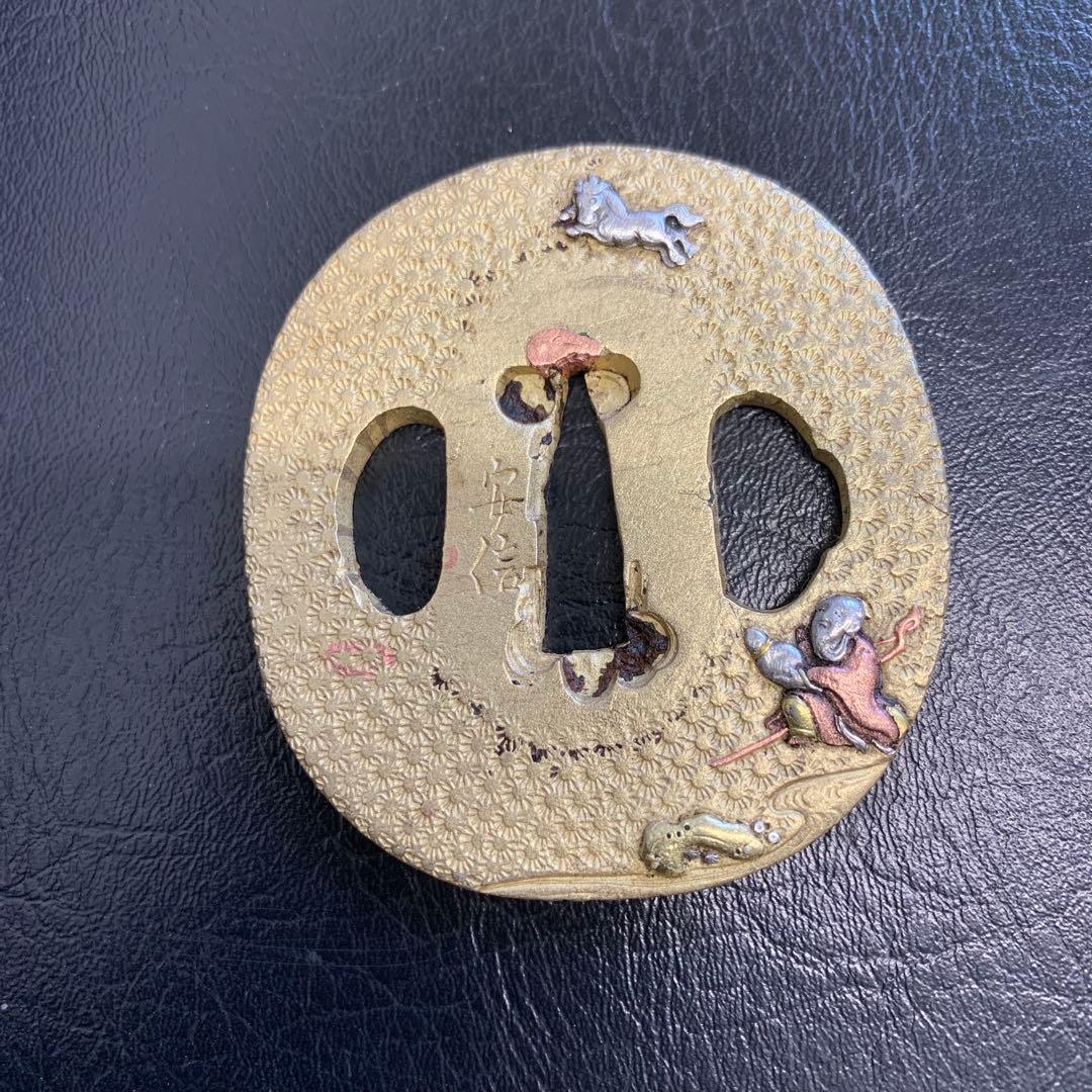 鍔　材質唐金　真鍮製　時代物　在銘　安信作