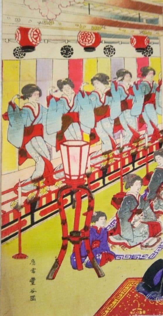 浮世絵、伊勢古市踊之圖(備前屋櫻花樓）喜多村豊谷画(三重県の画家明治26年亡)