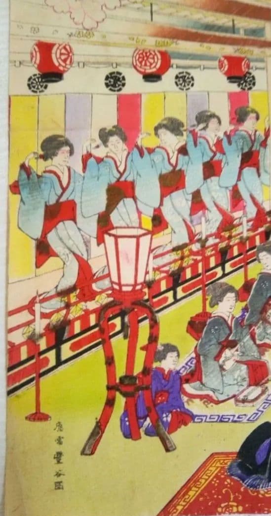 浮世絵、伊勢古市踊之圖(備前屋櫻花樓）喜多村豊谷画(三重県の画家明治26年亡)