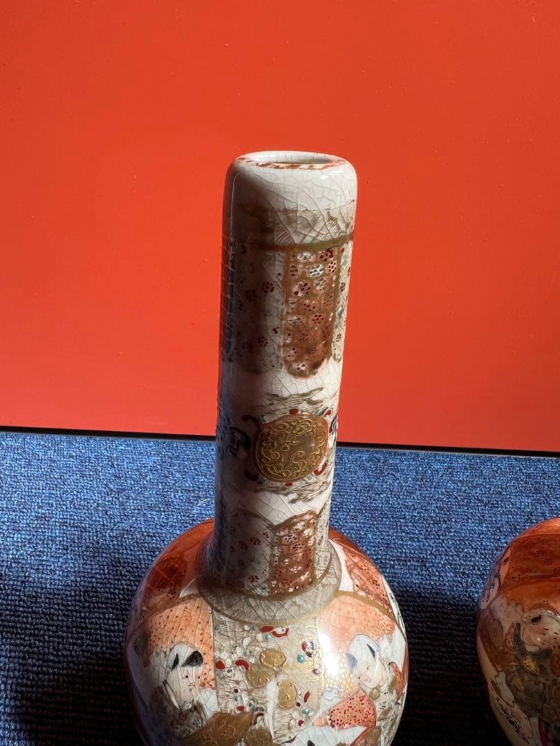 804 オールド薩摩　金彩色絵　花瓶　一対　時代物