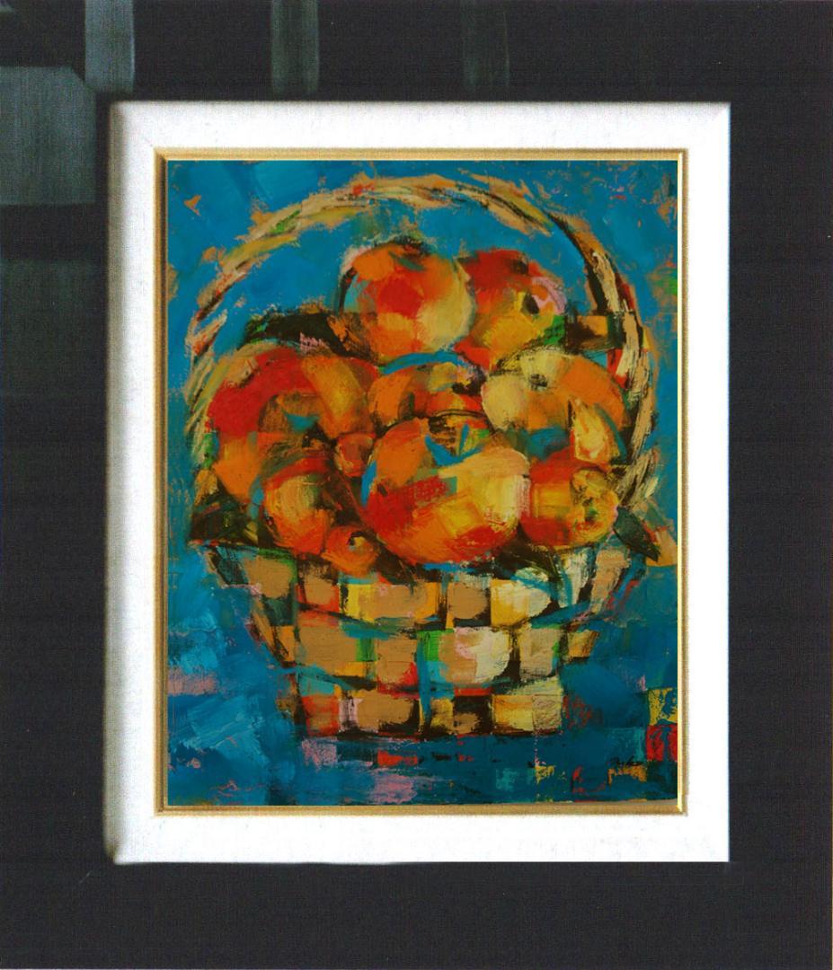 油絵 菅家令子 絵 絵画インテリア 額付(青緑＋金色の枠) uF6-051721