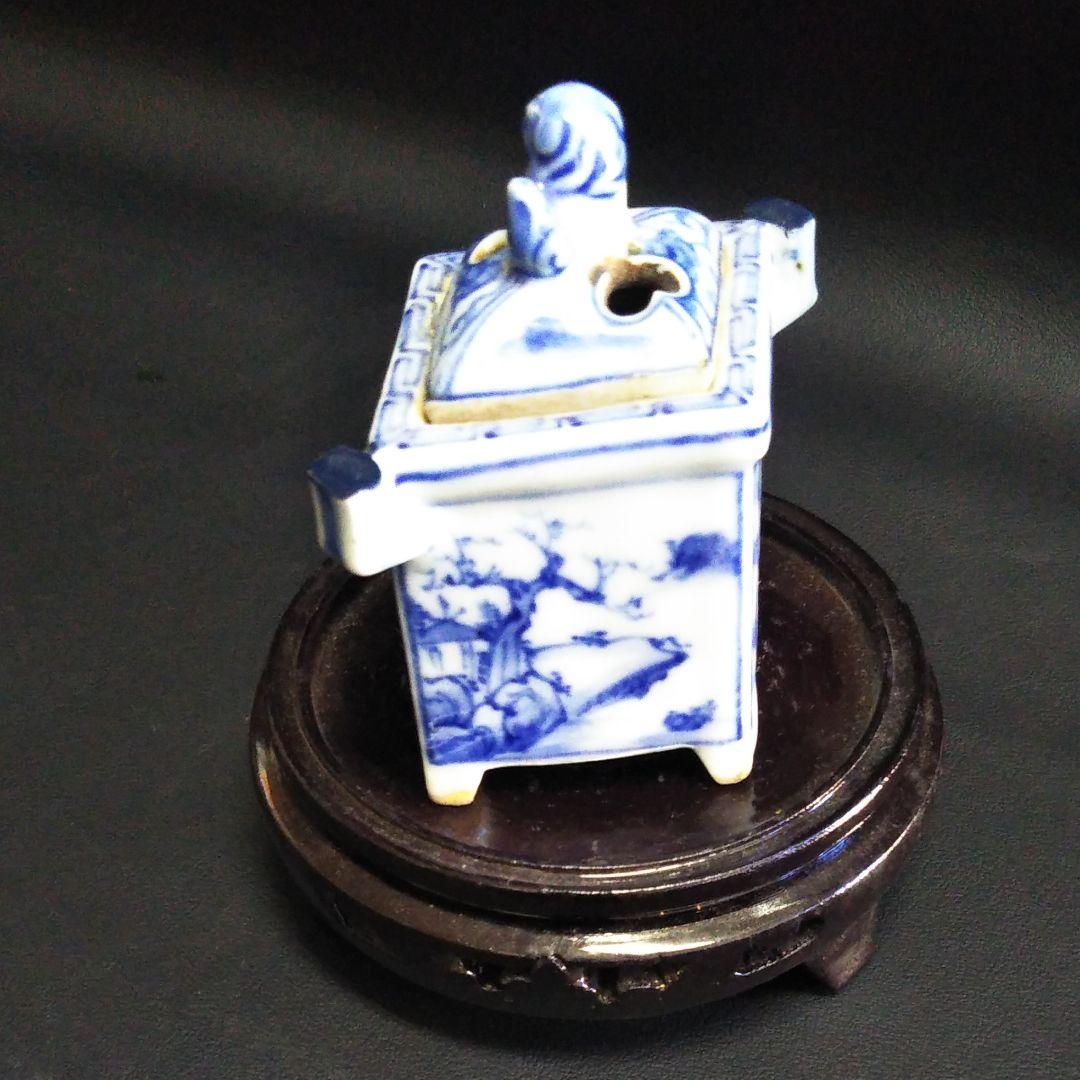 ※古美術/染付け山水獅子蓋四方香炉(底款:道八)