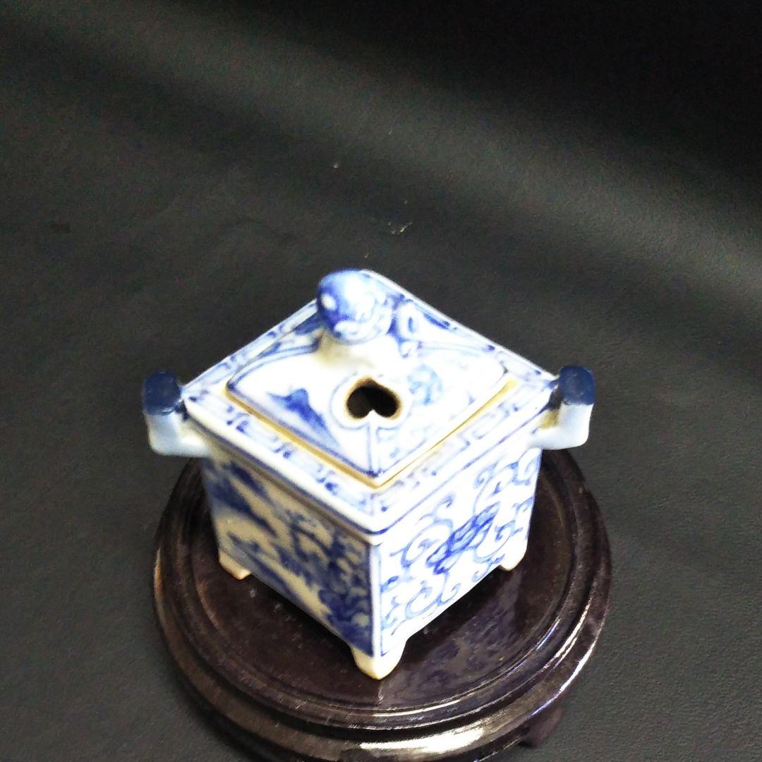 ※古美術/染付け山水獅子蓋四方香炉(底款:道八)