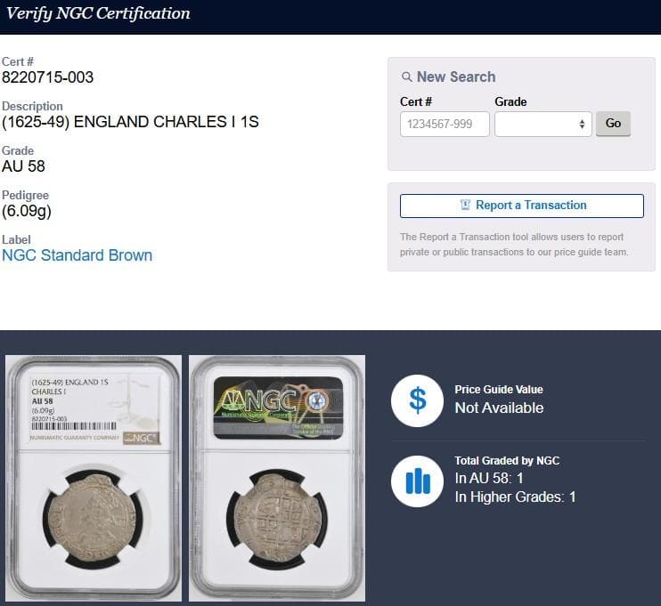 【NGC AU58】イングランド チャールズ1世 シリング ハンマード 銀貨