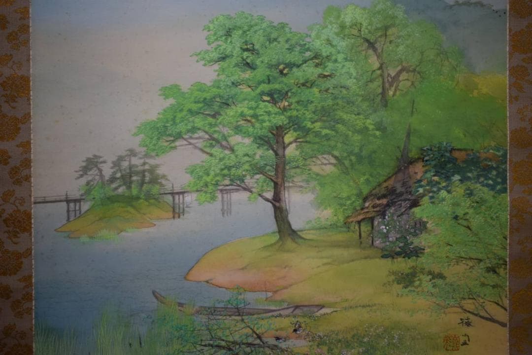 真作/川島梅関/湖畔薫風図/桐共箱二重箱付/布袋屋掛軸HE-259