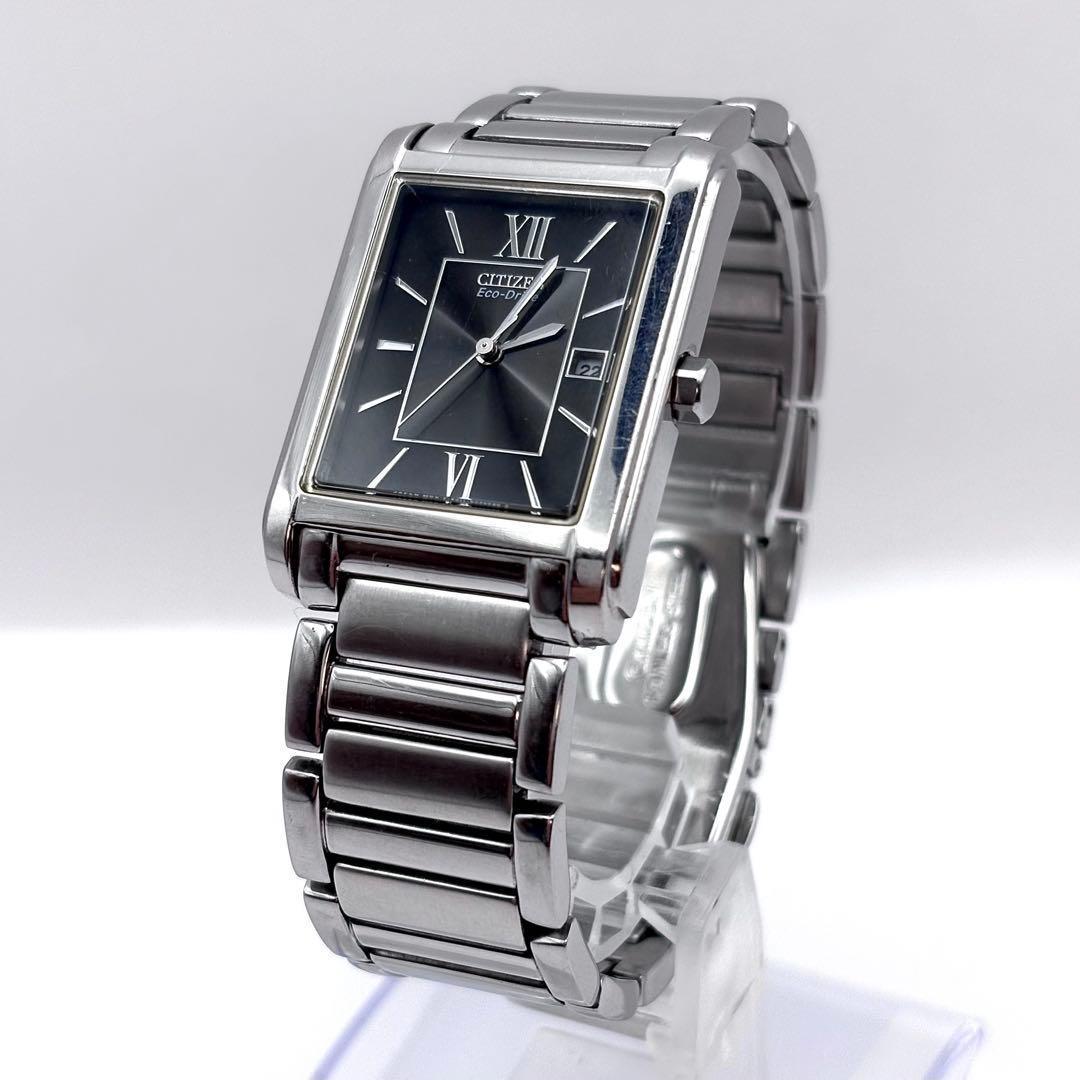 CITIZEN スクエア エコドライブ 黒文字盤 デイト メンズ 腕時計 稼働品